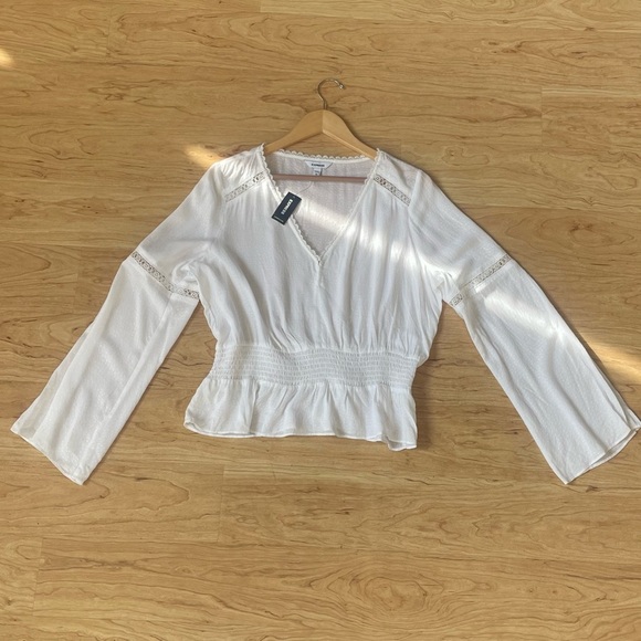 Express Top Women Large White V Neck Flare Long Sleeve Peplum Jacquard Blouse - Picture 2 of 6